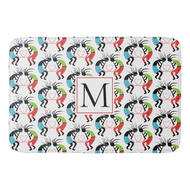 Colorful Kokopelli heart pattern and monogram Bath Mat (Front)