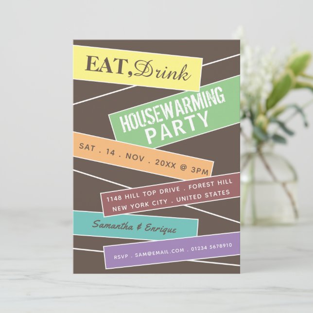 Colorful Label, Housewarming Party Invite (Standing Front)