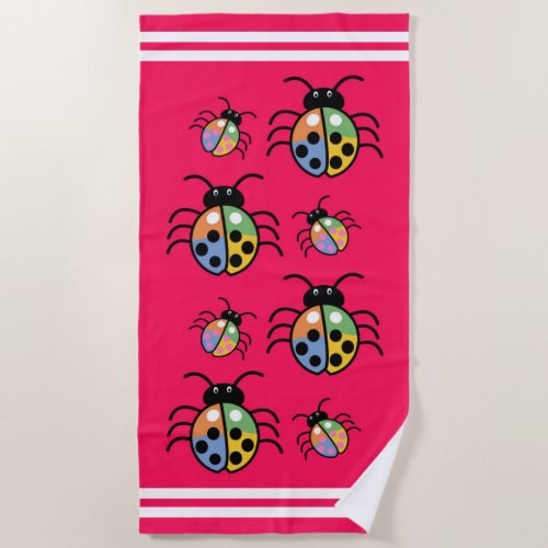 Colorful Lady Bug Beetles on Bright Pink Beach Towel