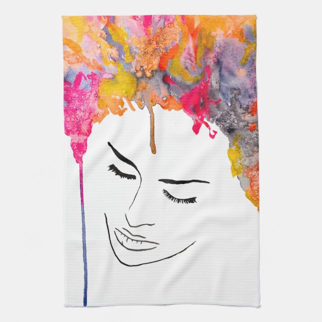 Colorful lady funky hair watercolor kitchen towel (Vertical)