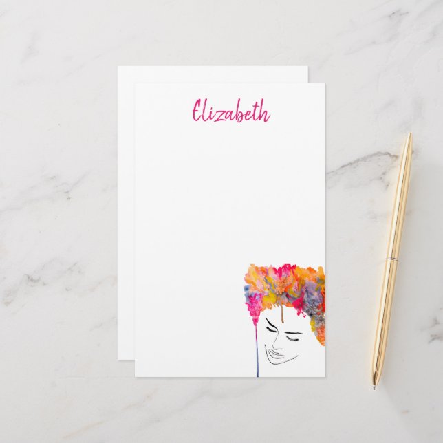 Colorful lady funky hair watercolor stationery (Front/Back In Situ)