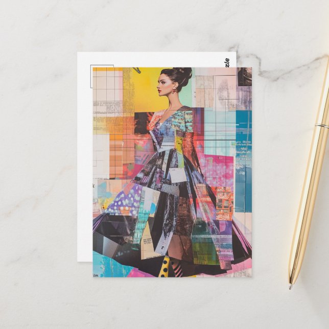 Colorful Lady in Fashion Mixed Media Collage Postcard (Front/Back In Situ)