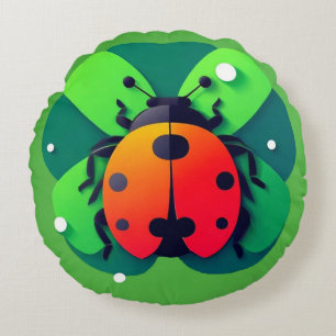 Colorful Ladybug Illustration on Green Clover Leaf Round Pillow