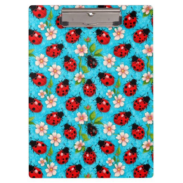Colorful Ladybug Pattern with Flowers Clipboard (Front)
