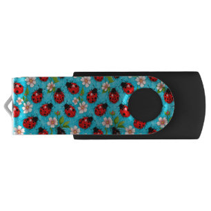 Colorful Ladybug Pattern with Flowers Flash Drive
