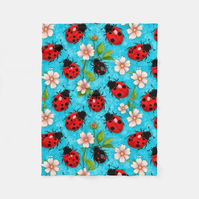 Colorful Ladybug Pattern with Flowers Fleece Blanket (Front)