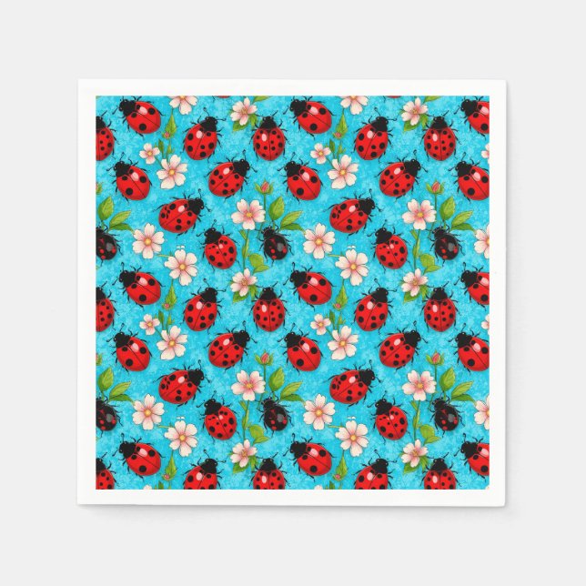 Colorful Ladybug Pattern with Flowers Napkins (Front)