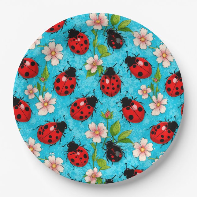 Colorful Ladybug Pattern with Flowers Paper Plates (Front)