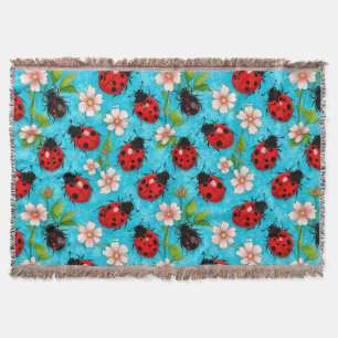 Colorful Ladybug Pattern with Flowers Throw Blanket