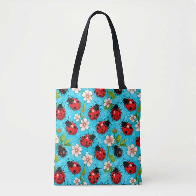 Colorful Ladybug Pattern with Flowers Tote Bag (Front)