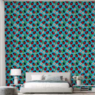 Colorful Ladybug Pattern with Flowers Wallpaper