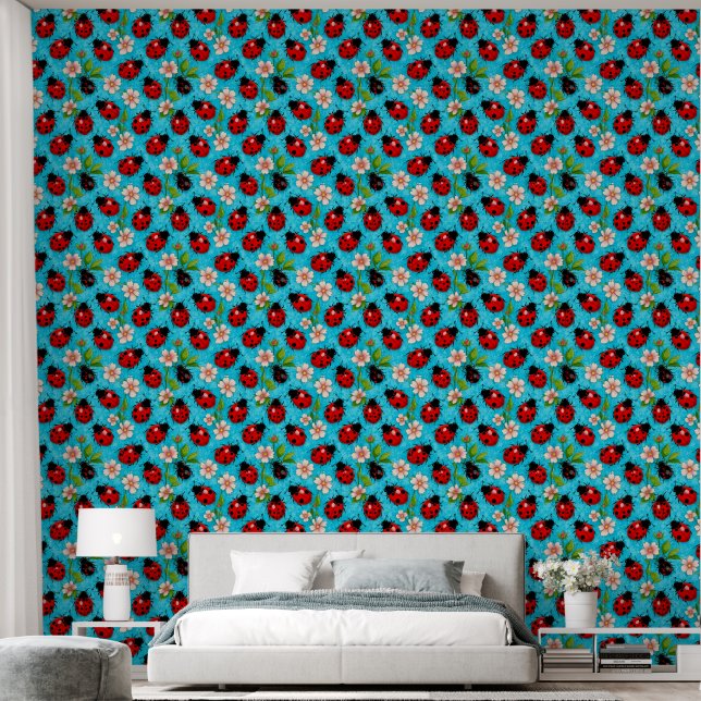 Colorful Ladybug Pattern with Flowers Wallpaper (Bedroom)