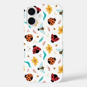 Colorful Ladybugs and Bees on a Floral iPhone 16 Case