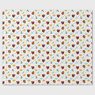 Colorful Ladybugs and Bees on a Floral Wrapping Paper