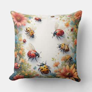 Colorful Ladybugs and Bees Throw Pillow