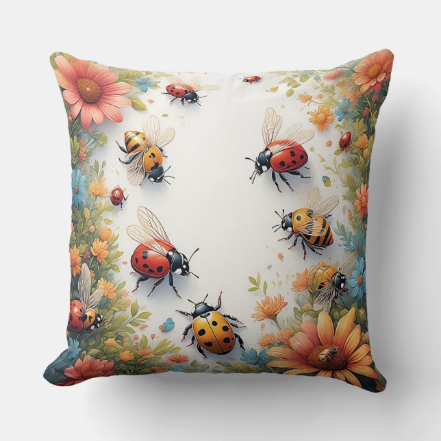 Colorful Ladybugs and Bees Throw Pillow (Front)
