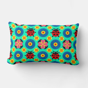 Colorful Ladybugs and Flowers Lumbar Pillow