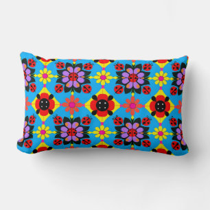 Colorful Ladybugs and Flowers Lumbar Pillow