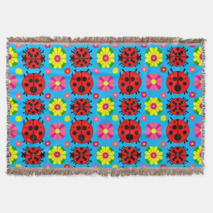 Colorful Ladybugs and Flowers Throw Blanket