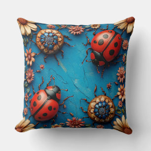 Colorful Ladybugs and Flowers Throw Pillow