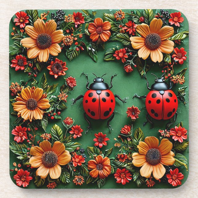 Colorful ladybugs beverage coaster (Front)