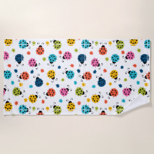 Colorful Ladybugs Nature Pattern White Beach Towel