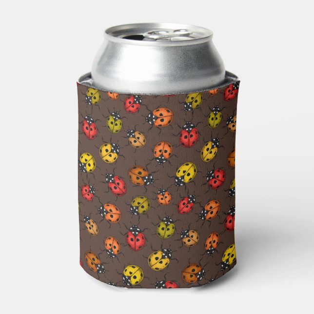 Colorful ladybugs on brown can cooler (Can Front)