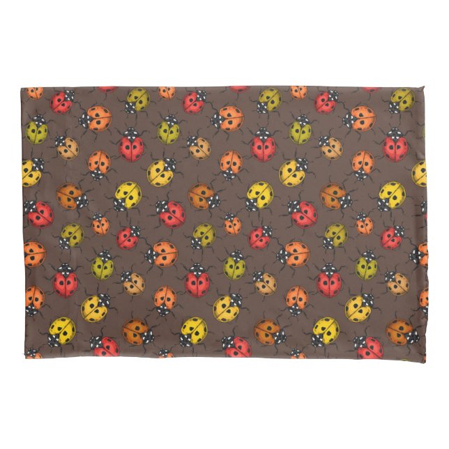 Colorful ladybugs on brown pillow case (Front)