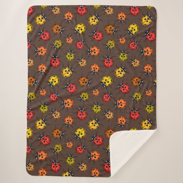 Colorful ladybugs on brown sherpa blanket (Front)