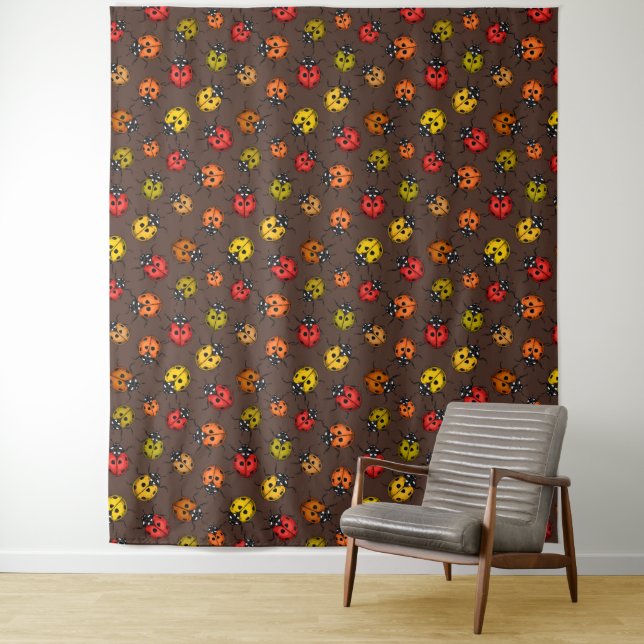 Colorful ladybugs on brown tapestry (In Situ)