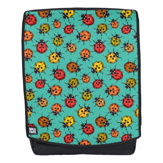 Colorful ladybugs on turquoise backpack (Front)