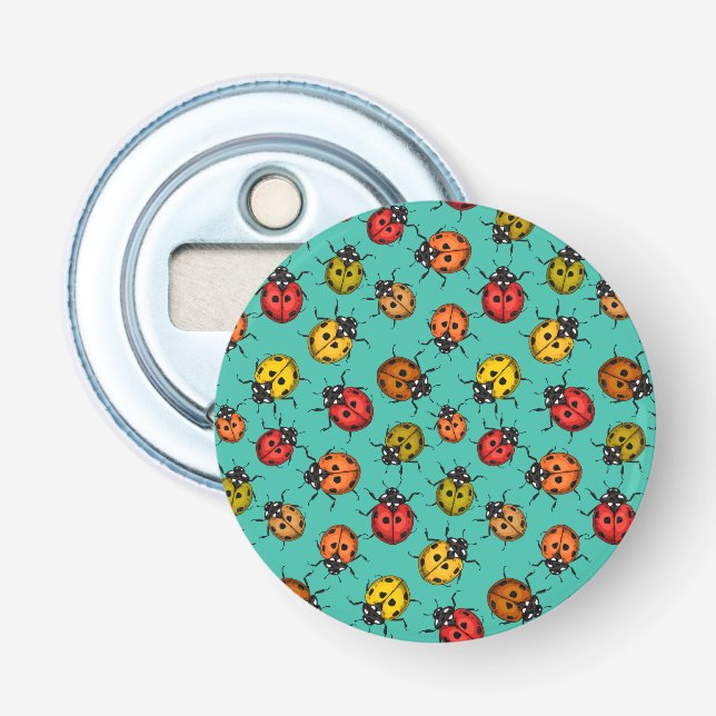Colorful ladybugs on turquoise bottle opener (Front)