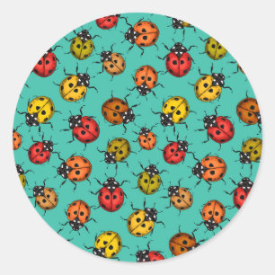 Colorful ladybugs on turquoise classic round sticker