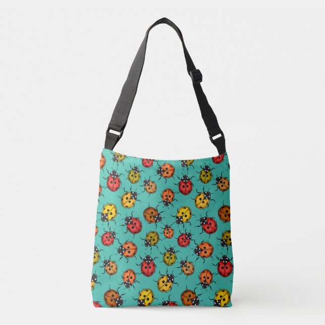 Colorful ladybugs on turquoise crossbody bag (Front)