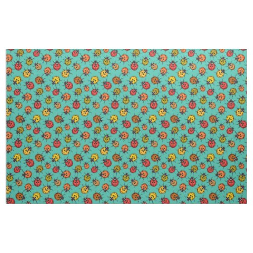 Colorful ladybugs on turquoise fabric