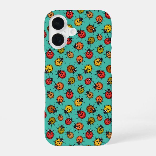 Colorful ladybugs on turquoise iPhone case (Back)
