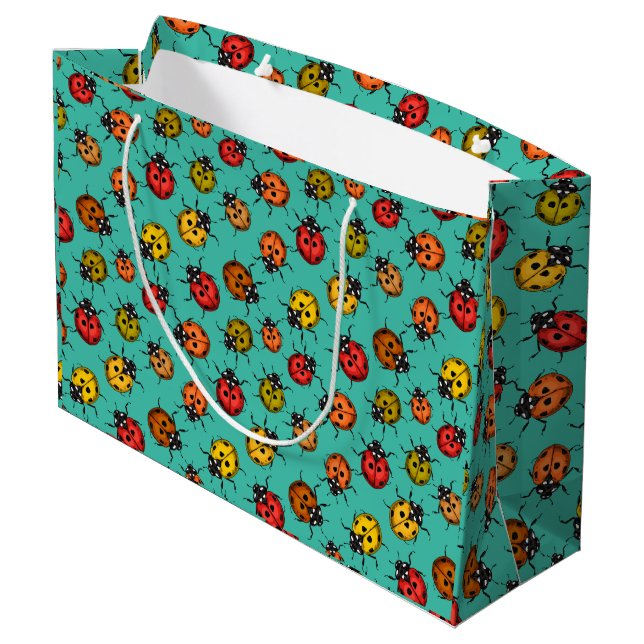 Colorful ladybugs on turquoise large gift bag (Back Angled)