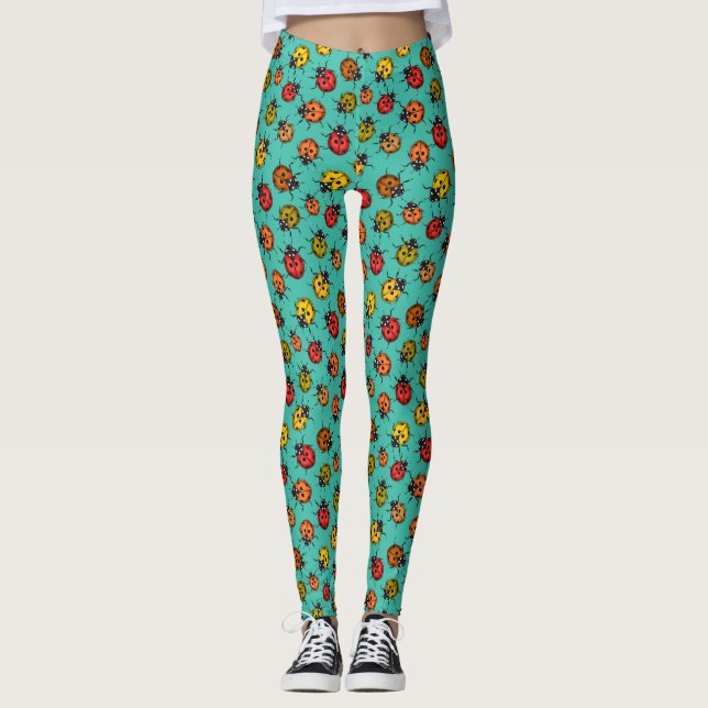Colorful ladybugs on turquoise leggings (Front)