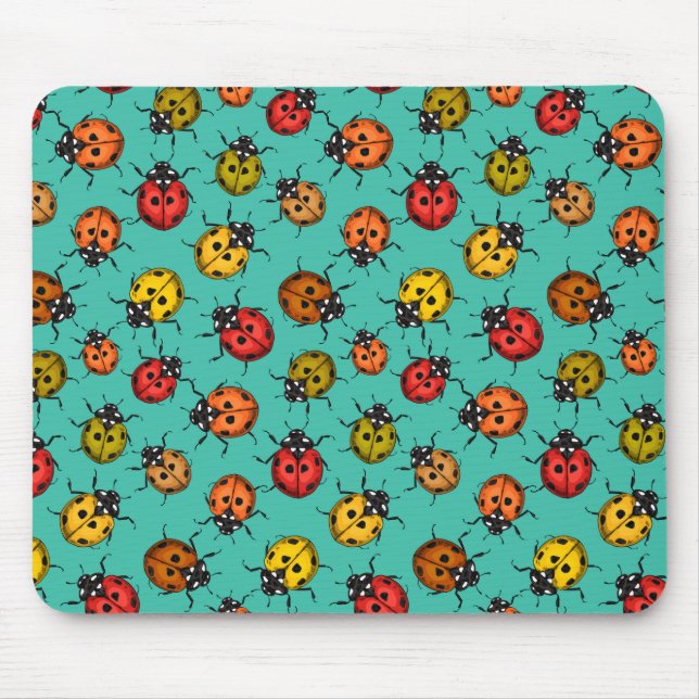 Colorful ladybugs on turquoise mouse pad (Front)