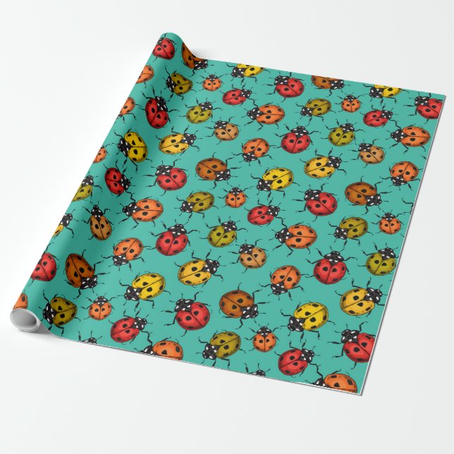 Colorful ladybugs on turquoise wrapping paper (Unrolled)