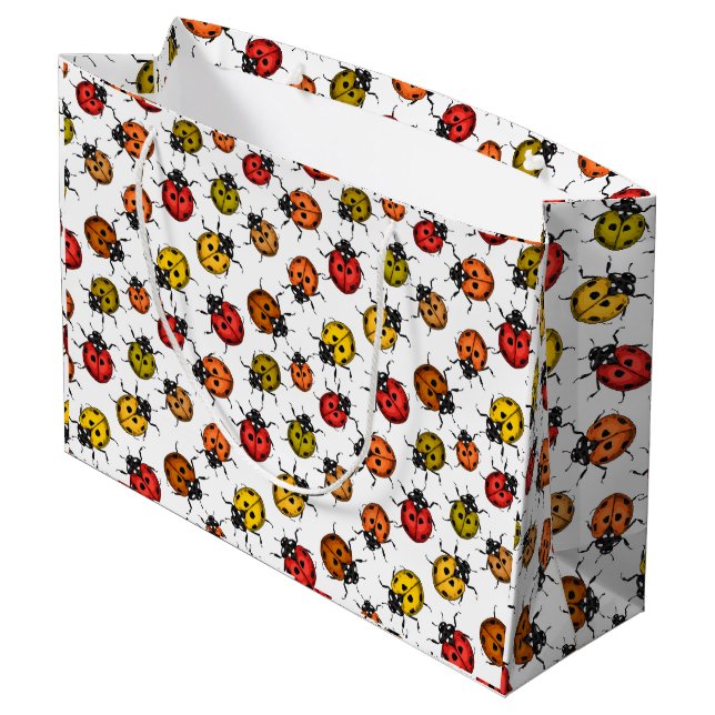 Colorful ladybugs on white large gift bag (Back Angled)