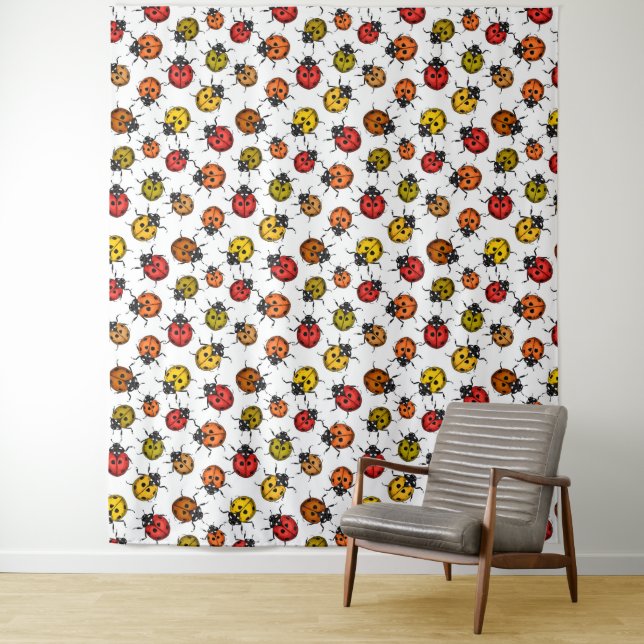 Colorful ladybugs on white tapestry (In Situ)