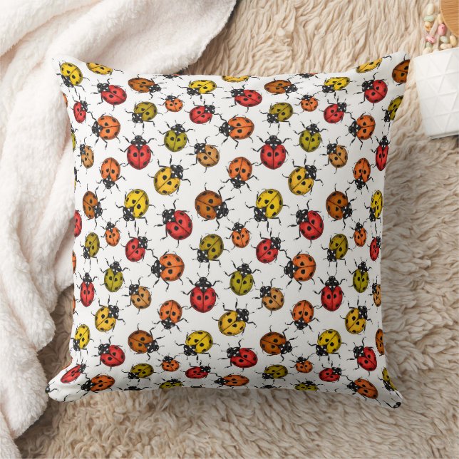 Colorful ladybugs on white throw pillow (Blanket)