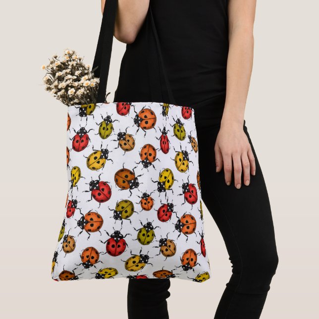 Colorful ladybugs on white tote bag (Close Up)