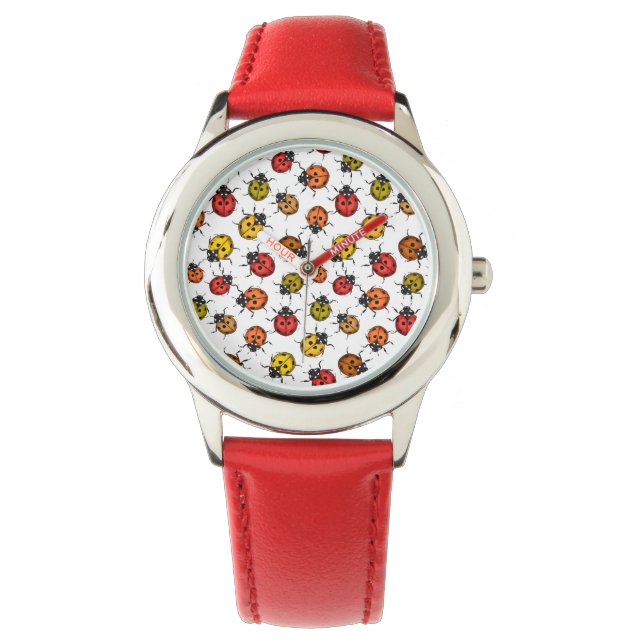 Colorful ladybugs on white watch (Front)