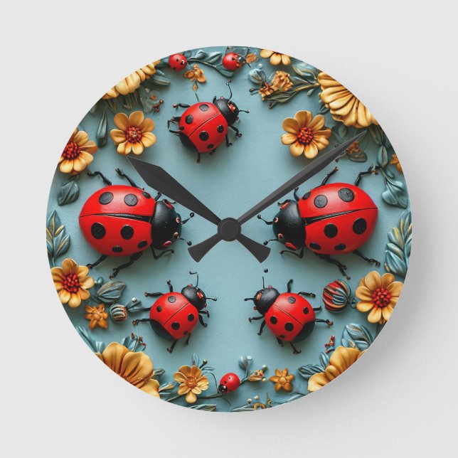 Colorful ladybugs round clock (Front)