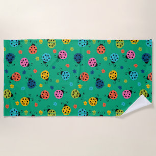 Colorful Ladybugs Turquoise Pattern Beach Towel