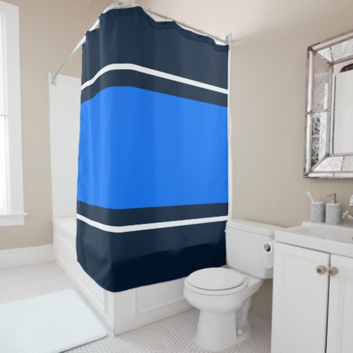 Colorful Lake Blue Nautical Navy White Stripes Shower Curtain
