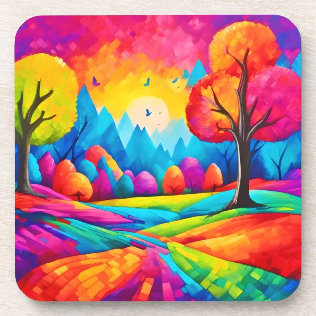 Colorful Landscape in Dreamlike Art Style Beverage Coaster (Front)