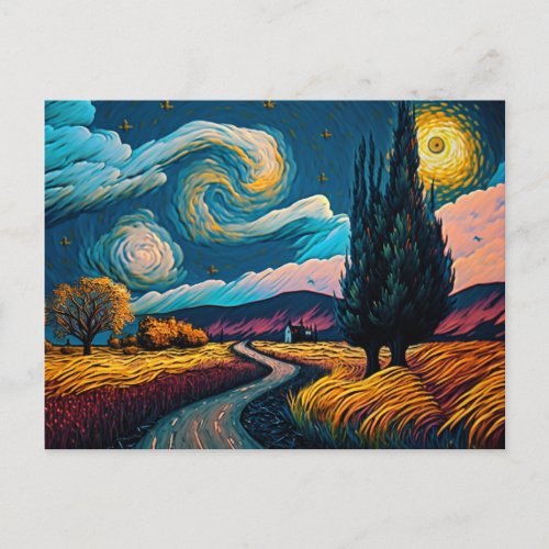 Colorful Landscape in Van Gogh Style Peaceful Sky Postcard